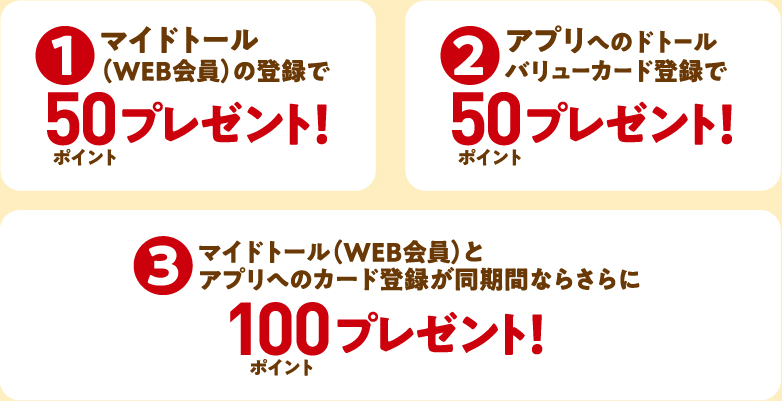 1 マイドトール(WEB会員)の登録で50プレゼント! 2 アプリへのドトール バリューカード登録で50プレゼント! 3 マイドトール(WEB会員)とアプリへのカード登録が同期間ならさらに100プレゼント!